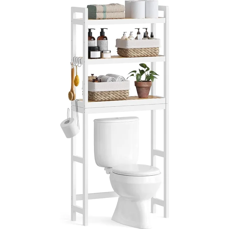 Songmics Toilettenregal, Badezimmerregal, Waschmaschinenregal, 3-stöckiges Badregal aus Bambus, verstellbar, statische Belastbarkeit 15 kg pro Ebene, einfache Montage, wolkenweiß-naturfarben BTS001W02