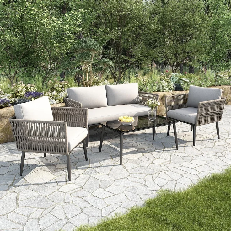 Ball & Cast Gartenmöbel Set für 4 Personen, Balkonmöbel mit 2-Sitzer Sofa, Couchtisch und 2 Sesseln, Lounge Möbel Outdoor mit Glastischplatte und Geflochtenes PE-Seil aus Wassergrasimitat, Grau – Bild 3