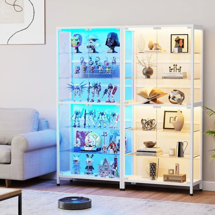 Glasvitrine 75x35x181 cm, 6-stöckige Vitrine mit LED-Beleuchtung, verstellbaren Glasböden und Sensor, Weiß – Bild 3