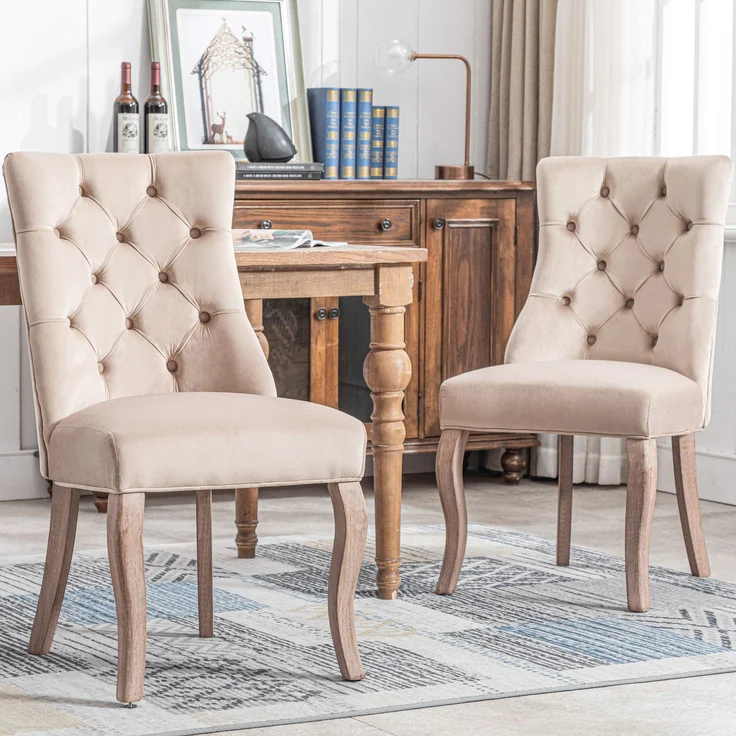 Esszimmerstuhl (2er Set) beige Samt, hohe Rückenlehne, Massivholzgestell – Bild 3