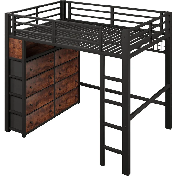 U-life Metall-Hochbett 140x200 cm mit 8 Schubladen, LED-Beleuchtung, Regalen, Lochwand und Lattenrost, Schwarz – Bild 8