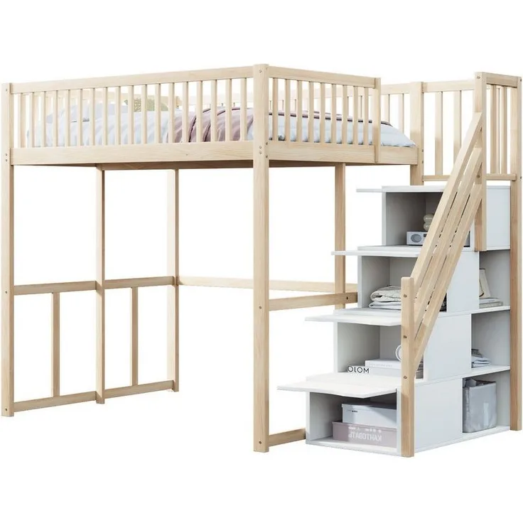 Odikalo Hochbett 90x200 140x200 Jugendbett Kinderbett mit Stauraum (Hochbett 90x200 / 140x200 cm mit Sicherheitsaufbewahrungsleiter, Sicherheitsumrandung, Bettgestell aus massiver Kiefer, Geeignet für Kinder, Jugendliche und Erwachsene)