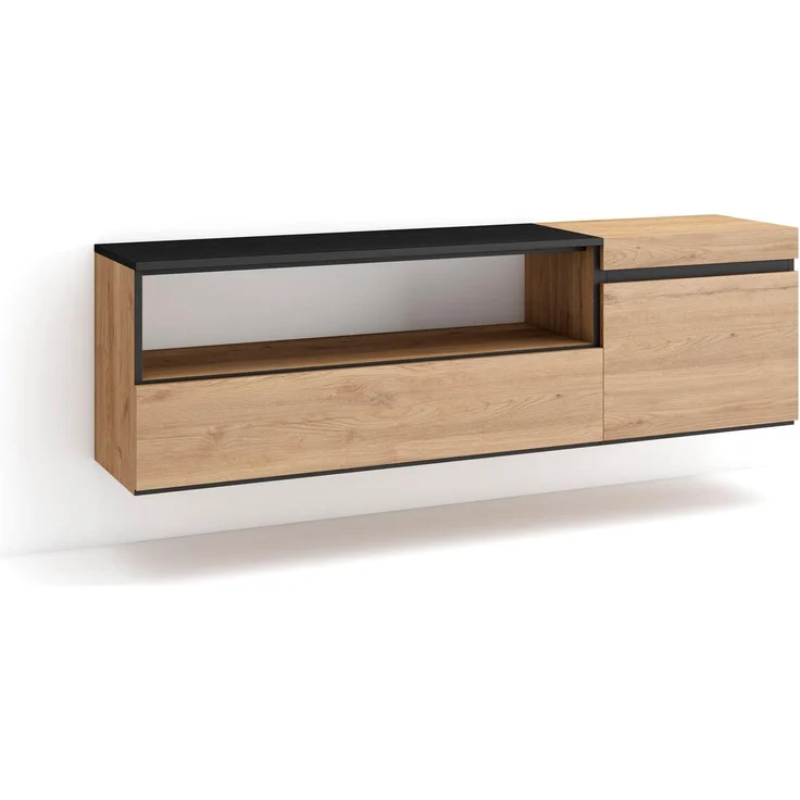 Skraut Home | TV-Schrank, Lowboard | für Wohnzimmer und Esszimmer | 150x45x35cm | Für TV-Geräte bis zu 65" | Hängend | Moderner Stil | Eiche Schwarz