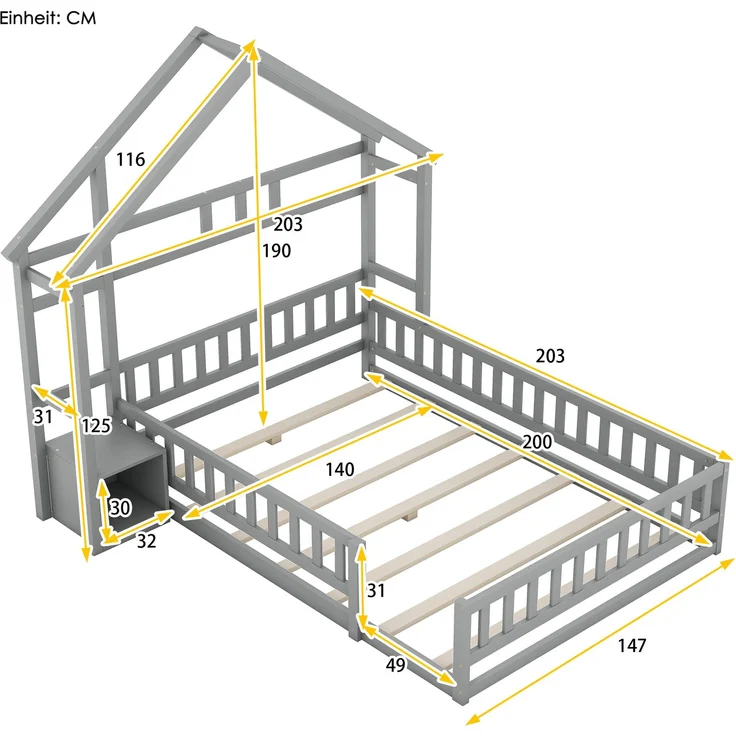 Kinderhausbett, Flachbett aus Kiefernholz mit Geländer, inklusive Nachttisch, stabiles Massivholzbett für Kinder,Grau – Bild 4