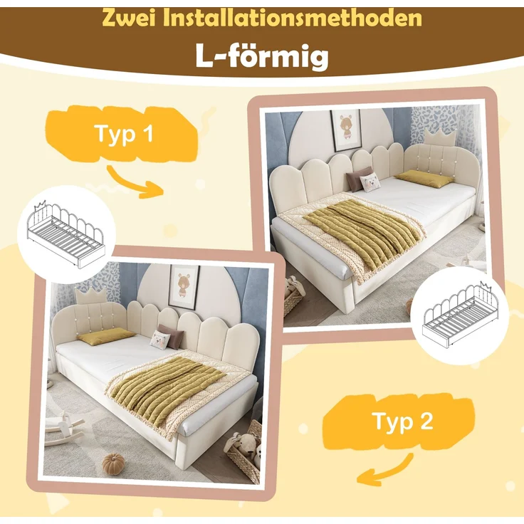 Merax Einzelbett 90x200 cm, Kinderbett, Polsterbett mit 90x190 cm Ausziehbett, Niedliches Kronen- und Gitterdesign, Samt, Beige – Bild 5
