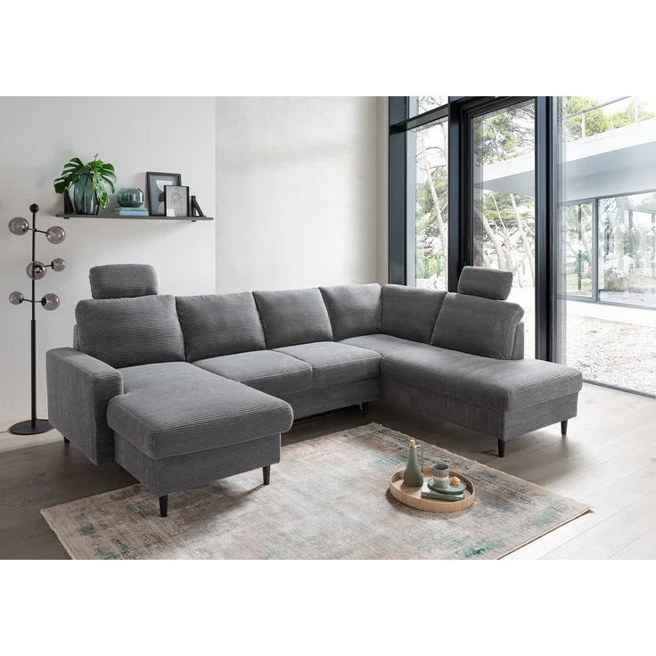 Wohnlandschaft U-Form Sofa Schlaffunktion Couch Bettkasten Cord Dunkelgrau – Bild 2