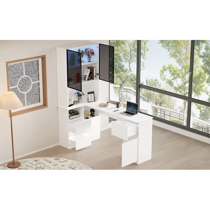 Eckschreibtisch mit Regal und LED-Vitrinenschrank 120×80×180 cm – Schreibtisch mit Kabeldurchlass, 3 Schubladen, 2 Türen, offenen Fächern & Haustierfach,Ein Eckschreibtisch mit eingebautem Bücherregal – Bild 9