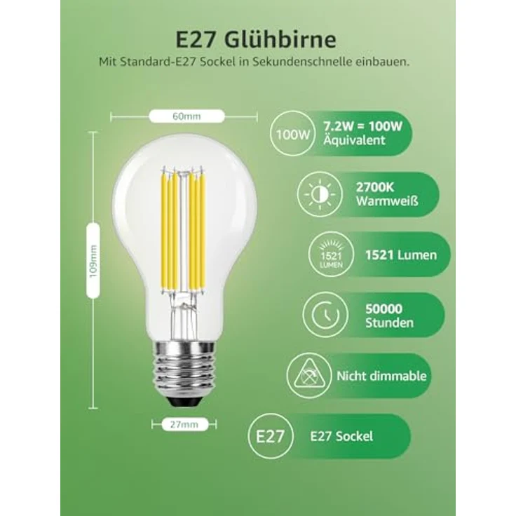 Lepro Energieklasse A E27 LED Warmweiss, 7.2W 1521 Lumen Glühbirne E27, Nicht Dimmbar, A60 Led Birne, 2700 Kelvin Warmweiß, 300° Abstrahlwinkel Energiesparlampe, ersetzt 100W Leuchtmittel, 1 Stück – Bild 6