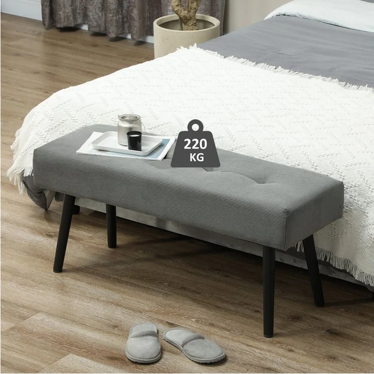 HOMCOM Polsterbank Sitzbank mit Cordbezug, Metallbeinen, Flurmöbel, 220 kg belastbar (Schuhbank, 1-St, getuftete Bettbank), für Schlafzimmer, Wohnzimmer, Flur 100 x 36 x 45 cm Grau – Bild 1