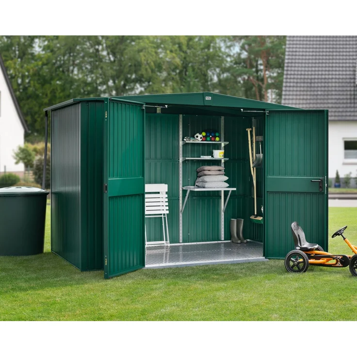Hörmann Ecostar Metall-Gerätehaus Trend mit Satteldach Typ 3, 238x303 cm , moosgrün, 7,2 m²,2-flüglige Tür – Bild 3