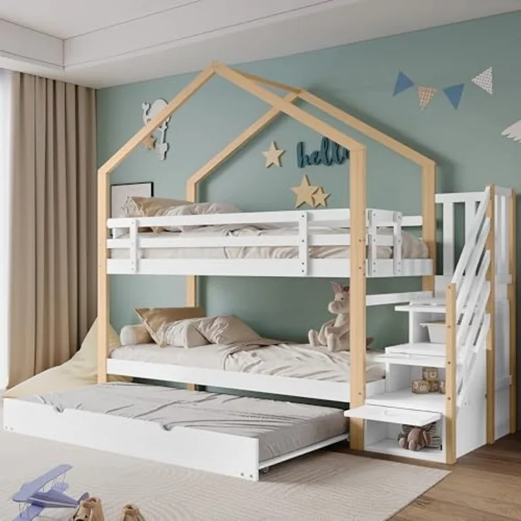 Ball & Cast Hochbett (90x200 cm&90x190 cm) Kinderbett mit Treppe und 3 Schubladen, Einzelbett mit Absturzsicherung, Lattenroste, Weiß+Natur