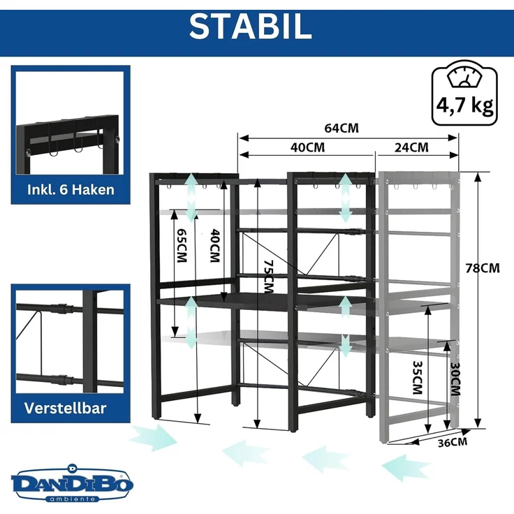 DanDiBo Verstellbares Mikrowellenregal 3 Stufig 40-64 cm Mikrowellen Regal 96614 Stehend Mikrowellenständer Küchenregal – Bild 2