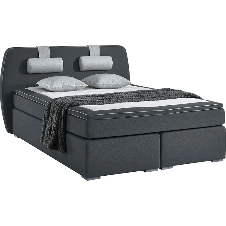 Atlantic Home Collection REX Boxspringbett inklusive Topper und Nackenkissen, Dunkelgrau, Härtegrad Medium H2, Stoff, 140x200 cm