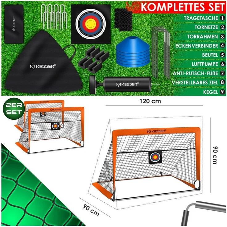 KESSER Pop-Up Fußballtor, 2er Set, mit Transporttasche, 6x Hütchen, Ballpumpe & Zielscheibe, Glasfaserstangen, 120x90 cm, Orange – Bild 3