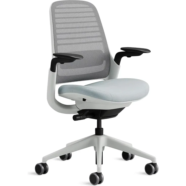 Steelcase Series 1 Bürostuhl mit Netzrücken in Nickel und Sitzbezug in Sturmhorizont, 66 x 64 x 92 cm