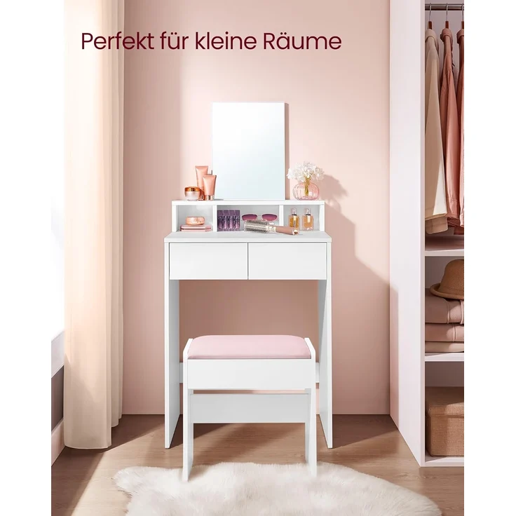 VASAGLE Schminktisch mit großem Spiegel, Frisiertisch, 2 Schubladen, 3 offene Fächer, Kosmetiktisch, modern, weiß RDT103W01 – Bild 3