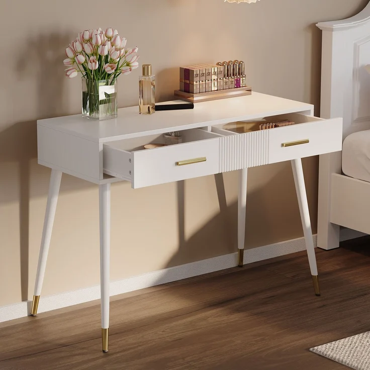 EINHOM Schminktisch, Frisiertisch, Schreibtisch mit 2 Schubladen, Metallfüße, weiß, Maße: H 76 cm × B 100 cm × T 40 cm(ohne Spiegel) – Bild 3