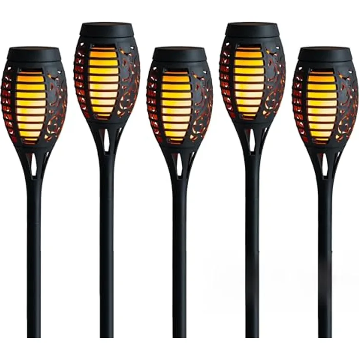 IC Gardenworld Solar Gartenfackel 5er Set mit Flammeneffekt, 4 in 1 Funktion, wetterfest, inkl. Akku, schwarz
