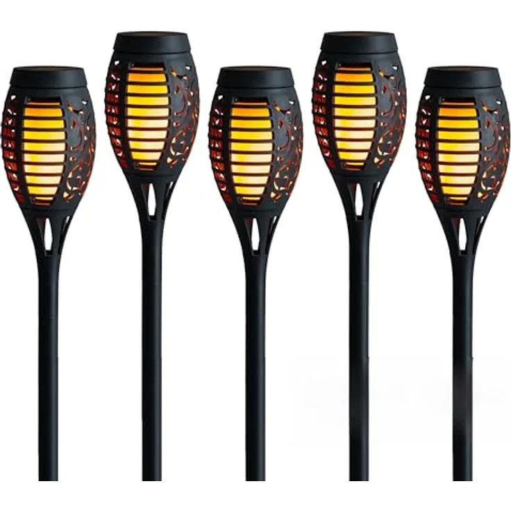 IC Gardenworld Solar Gartenfackel 5er Set mit Flammeneffekt, 4 in 1 Funktion, wetterfest, inkl. Akku, schwarz – Bild 1