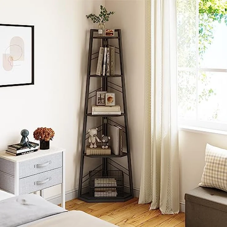 YITAHOME 5-Stöckiges Eck-Bücherregal - Industrielles, Modernes Freistehendes Leiter-Regal - Offenes Holzregal für Wohnzimmer, Diele, Home Office, Schwarz – Bild 4