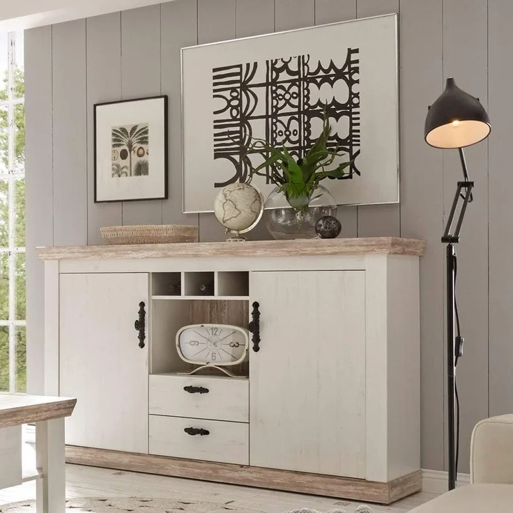 Lomadox Wohnwand FERNA-61, (2-St), Landhaus mit Highboard Oslo Pinie dunkel und weiß Nb. 330x201x44cm – Bild 4