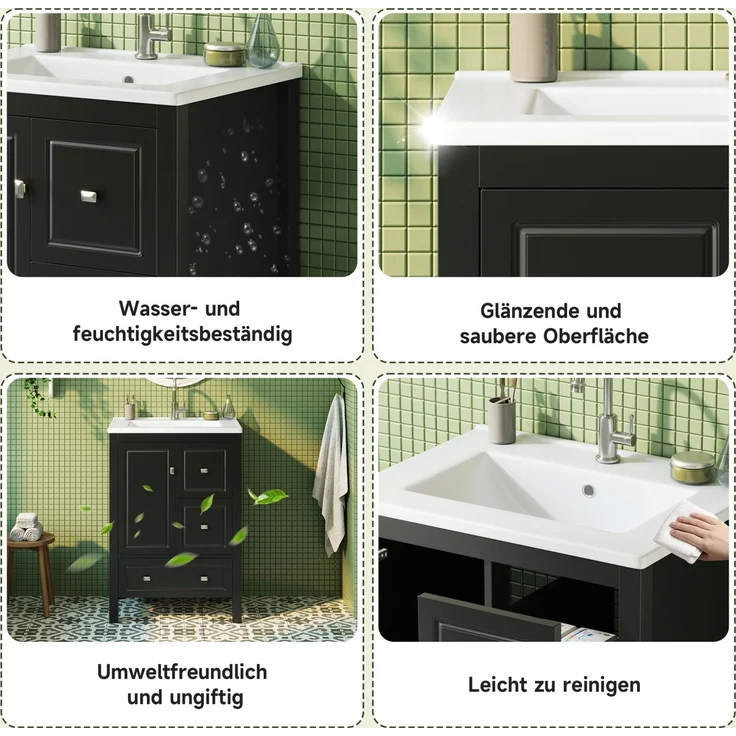 Waschtischunterschrank mit Keramikbecken 62 x 47 x 90 cm – Schwarz, 3 Schubladen und 1 Tür – Bild 7