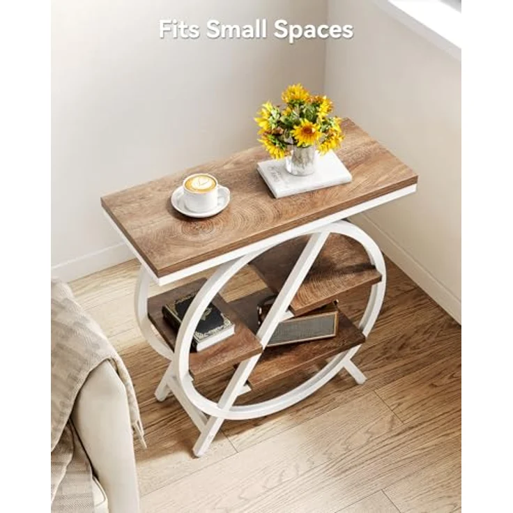 LITTLE TREE Schmaler Beistelltisch 4 Ebenen & Großzügigem Stauraum – Moderner Nachttisch für Wohnzimmer, Home Office, Schlafzimmer (Braun & Weiß) – Bild 7
