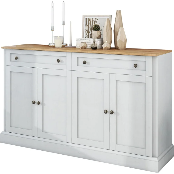 Sideboard Weiß mit Naturholz-Optik, 4 Türen 2 Schubladen, großer Stauraum, Wohnzimmer Anrichte Buffetschrank – Bild 8