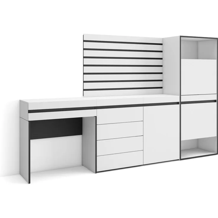 Skraut Home | Schuhregal, Schuhschrank | Schuhaufbewahrung | 237 x 145 x 35 cm | Für Schlafzimmer, Zimmer | Kommode mit Schubladen | Lamellenwand Holz | Schminktisch | Moderner Stil | Weiß
