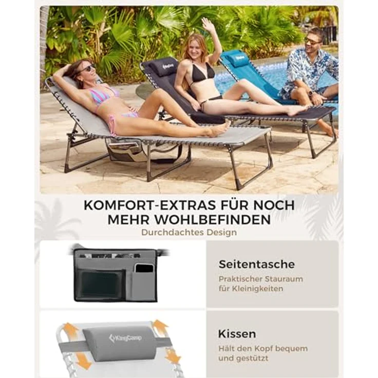 KingCamp Übergroße Sonnenliege Klappbar 5-Fach Verstellbar Gartenliege Liegestuhl Dreibeinliege Liege Campingliege mit Kopfkissen und Seitentasche bis 150 kg für Garten Urlaub Strand Pool 200x68 cm – Bild 8