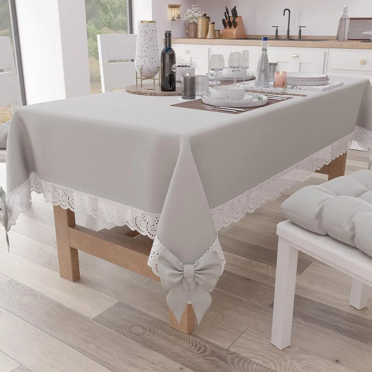 PETTI Artigiani Italiani - Rechteckige Tischdecke Mit Sangalla-Spitze Und Schleifen, Einfarbige Küchentischdecke Aus Baumwolle, X6-Sitzer (140x180 cm) Hellgrau