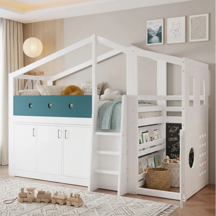 Halbhohes Kinderbett 90x200 cm in Hausform mit Spielbereich und Stauraumschrank – weiß