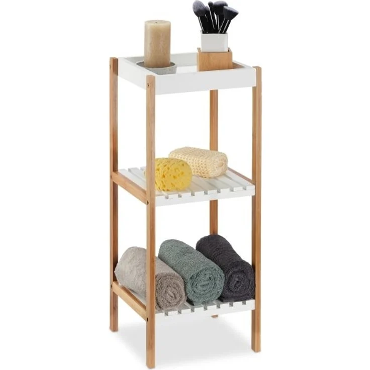 Relaxdays Badregal mit 3 Ablagen, Bambus / MDF, natur / weiß, 30 x 29 x 72 cm – Bild 1