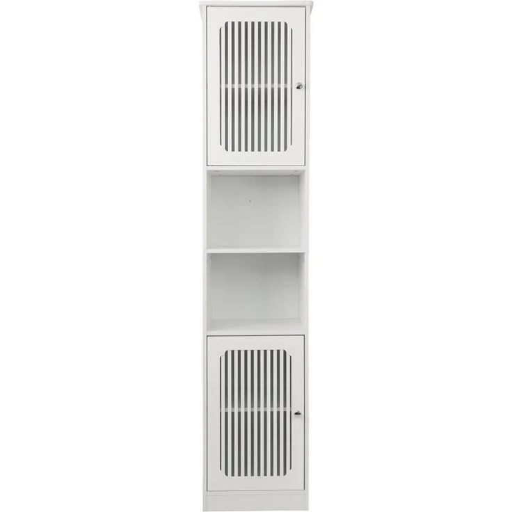 BBWL Hochschrank 36×30×163 cm, mit Lamellentüren, verstellbaren Böden, MDF Badezimmerschrank, hoher Badschrank, platzsparend, Weiß – Bild 2