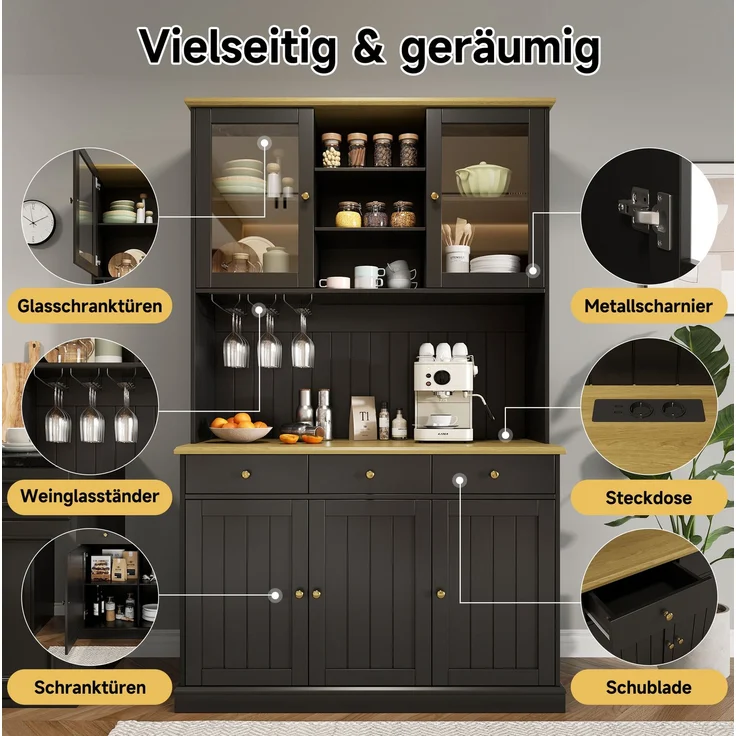 Buffetschrank mit Glastüren, Gläserhalter & Stromanschlüssen, 120x40x191 cm, Schwarz – Bild 9