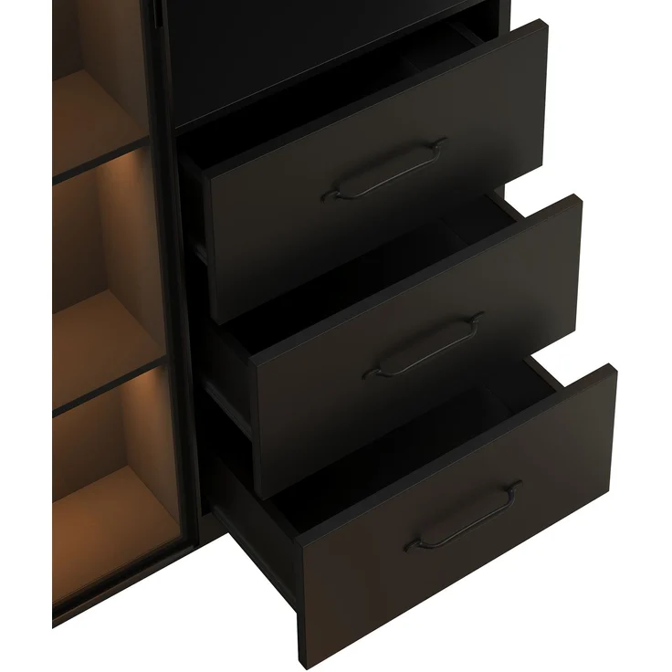 Vitrine 80x40x160 cm in Schwarz mit LED-Beleuchtung, Glastür und 3 Schubladen – Bild 8