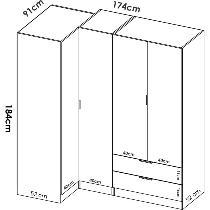 Dmora Großer Kleiderschrank Efesto, Eckschrank für Schlafzimmer, Eckschrank, 174x91h184 cm, Eiche – Bild 3