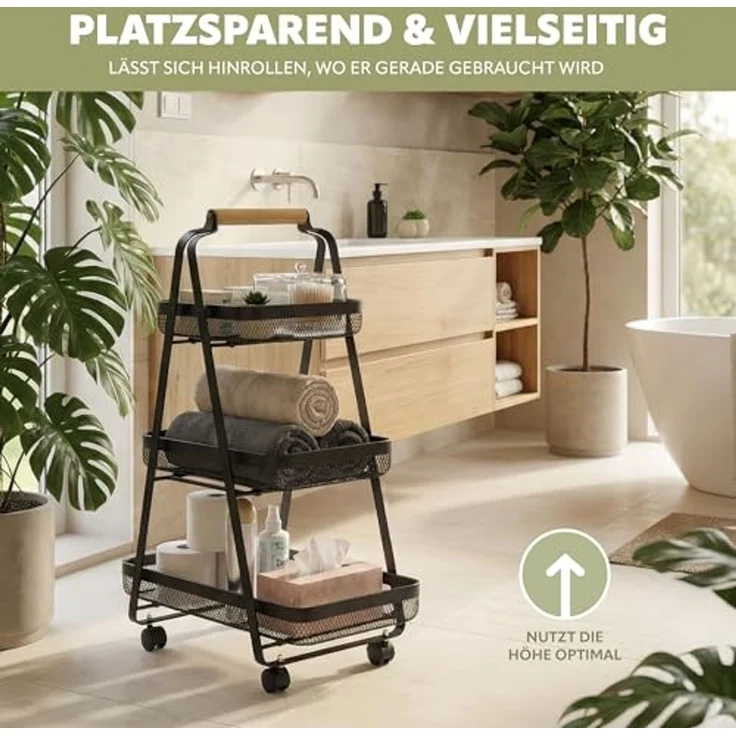 eluno Servierwagen 3-stöckig, Rollwagen aus schwarzem Metall & Bambusgriff – Bild 2