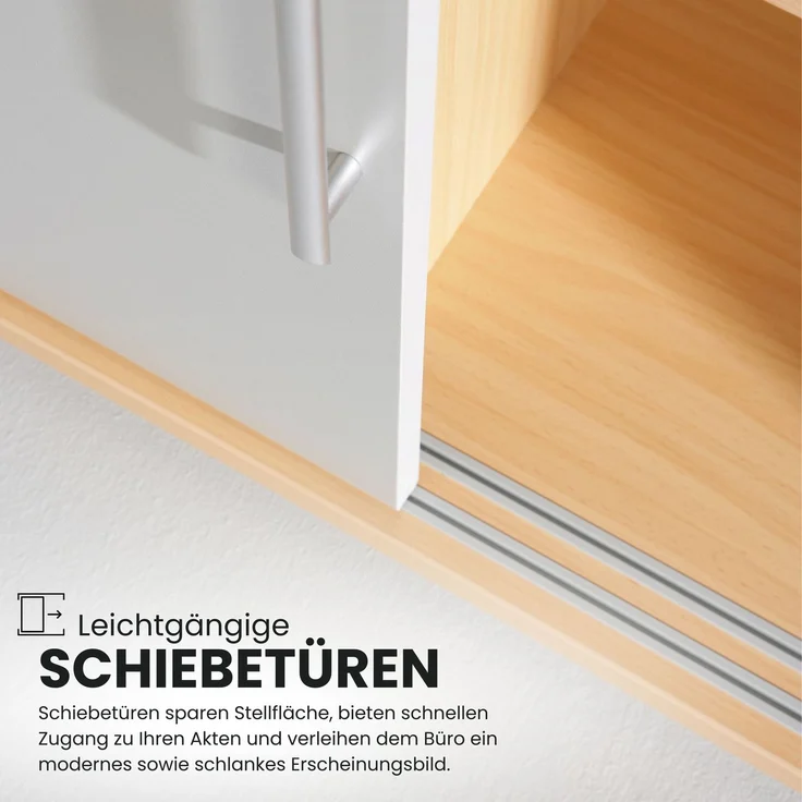 bümö Schiebetürenschrank 3OH - Aktenschrank abschließbar, Sideboard Schrank mit Schiebetüren in Weiß/Grau, Bügelgriff - Büroschrank aus Holz mit Schiebetür, Büro Kommode für Ordner & Co, 1753S-W-5-BS – Bild 2