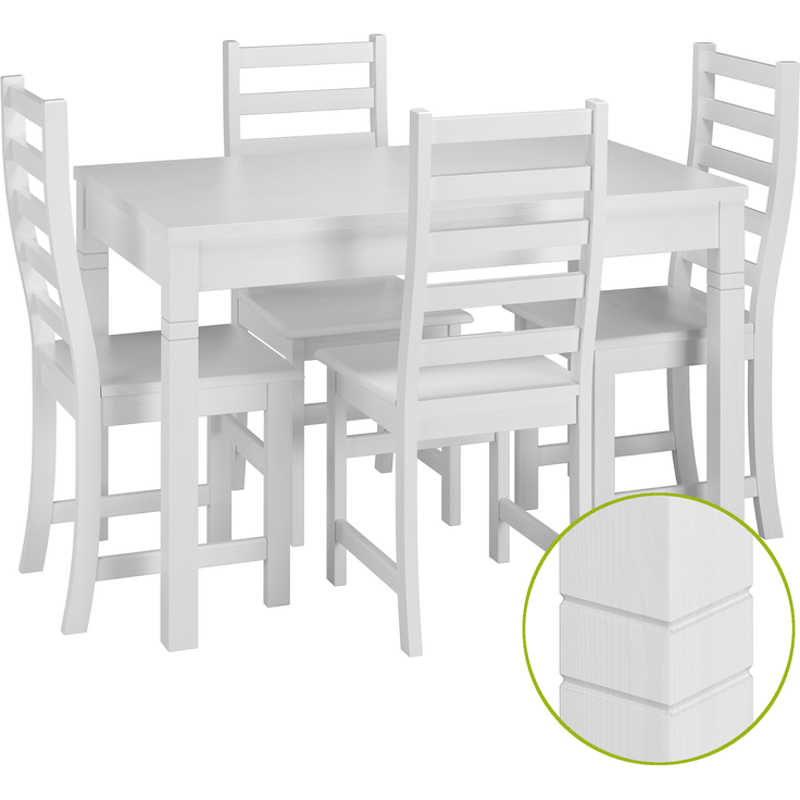 Schöne Essgruppe mit Tisch und 4 Stühlen in kiefer Massivholz waschweiß 90.70-51 B W-Set 21