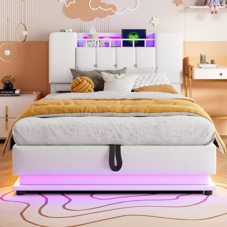 EINHOM Smartes Polsterbett für Kinder 90 x 200 cm, Gepolstert, mit LED-Beleuchtung, USB-Anschluss und Hydraulischem Stauraum, Weichem Samtbezug, Metallrahmen, Beige, (Ohne Matratze) – Bild 5