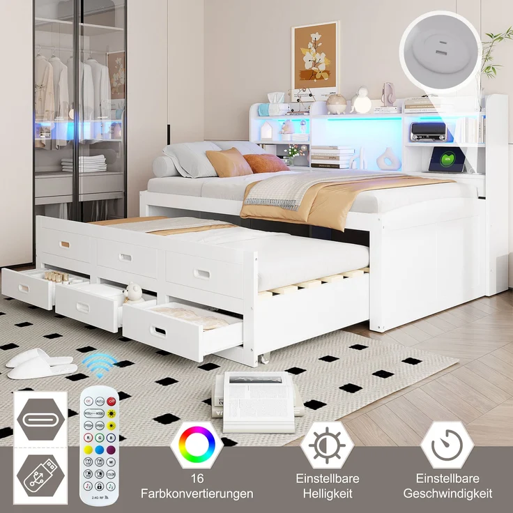 Bett 90x200 cm mit Ausziehfunktion, LED-Fernbedienung und Stauraum – Weiß – Bild 6