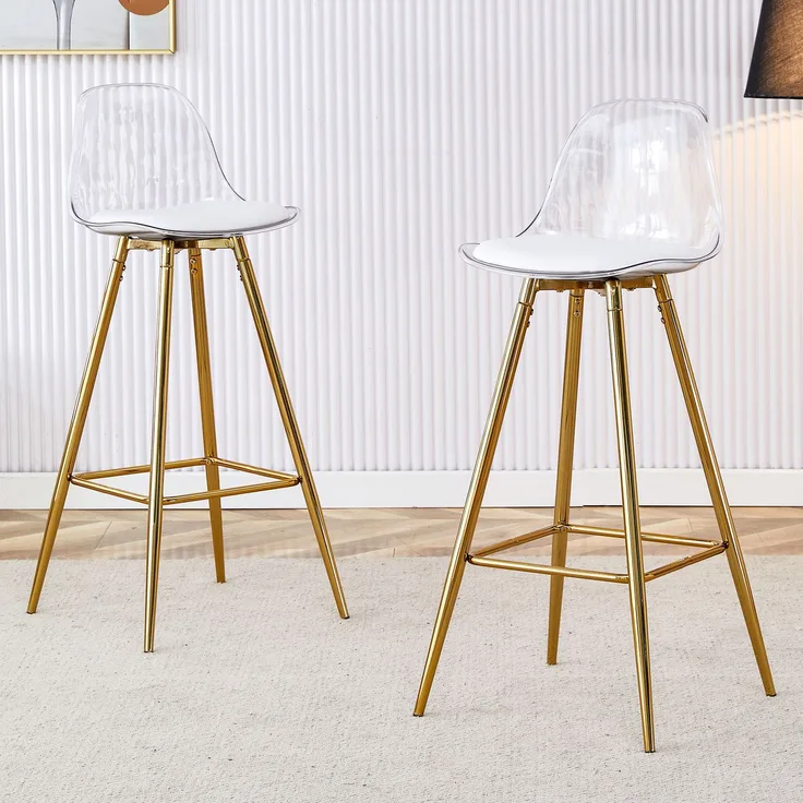 2er-Set Barhocker mit transparenten Lehnen, Goldgestell, Hochstuhl – für Café, Wohnzimmer und Thekenbereich--Gold, Transparent--96.5x33x38cm--YOUDENOVA