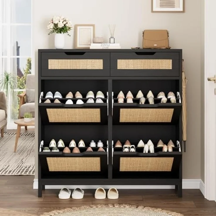 Jocoevol Schuhschrank aus Rattan, Schuhregal mit 4 Klappfächern und 2 Schubladen, Schmaler Schuhkipper mit Metallbeinen, für Diele & Flur & Eingangsbereich, Schwarz – Bild 6