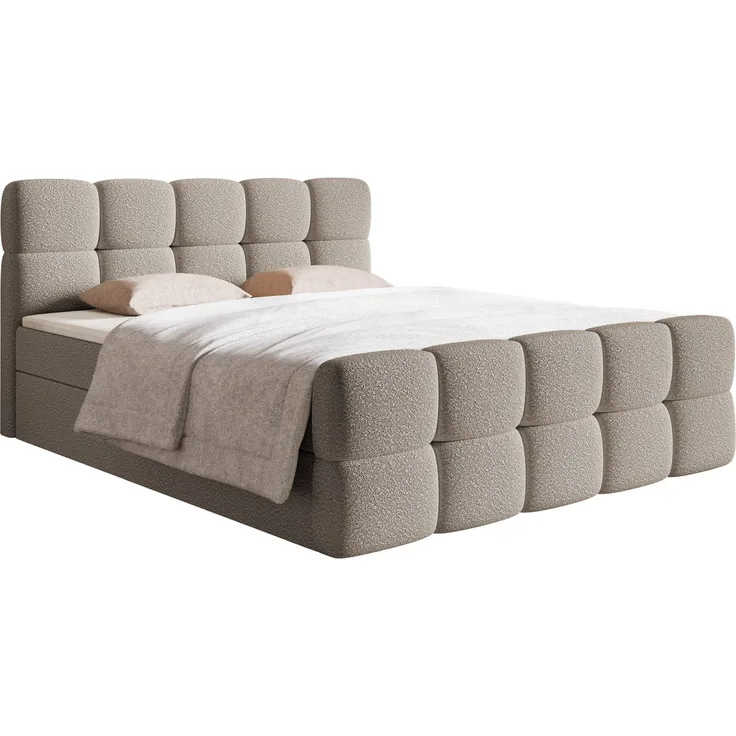 Selsey 'Cloudy' Boxbett mit Bettkästen, Matratze, Topper, Bouclé-Bezug, graubeige, 160x200 cm
