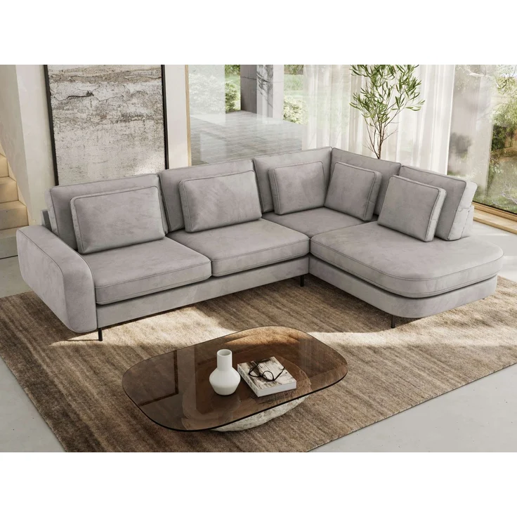 CALENO L-Form Ecksofa 317x225 cm, Massivholz-Rahmen & Wellenfedern, Sitzhöhe 51 cm, modernes Polstersofa rückenecht bezogen & freistehend - Hellgrau Velvet - Rechts Seite – Bild 4