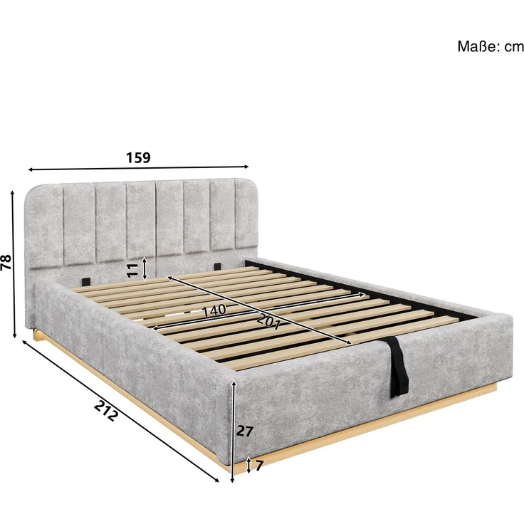Polsterbett mit LED-Beleuchtung und Stauraum, 140x200 cm, gepolsterter Kopfteil, Stauraumbett, Chenille – Bild 7