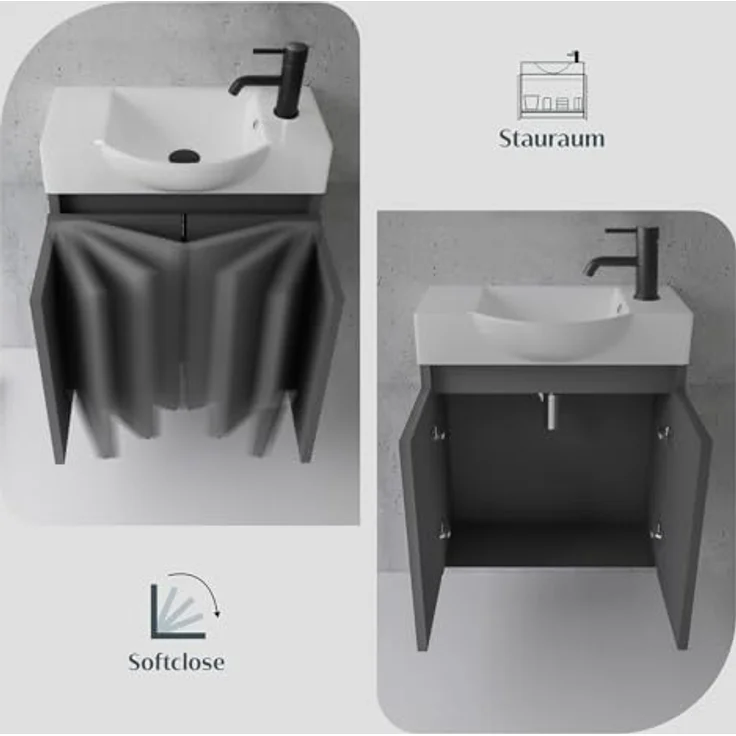 Alpenberger Badmöbel-Set Gäste WC Waschbecken mit Unterschrank 55 cm Breit, (Waschbecken Eckig Oval, Midi Schrank), Waschbeckenunterschrank Anthrazit Matt – Bild 6