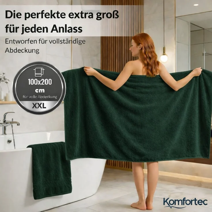 Komfortec Badetuch 100x200 cm aus 100% Baumwolle, XXL Saunatuch, Großes Duschtuch, Weich & Saugstark, Dunkelgrün – Bild 2