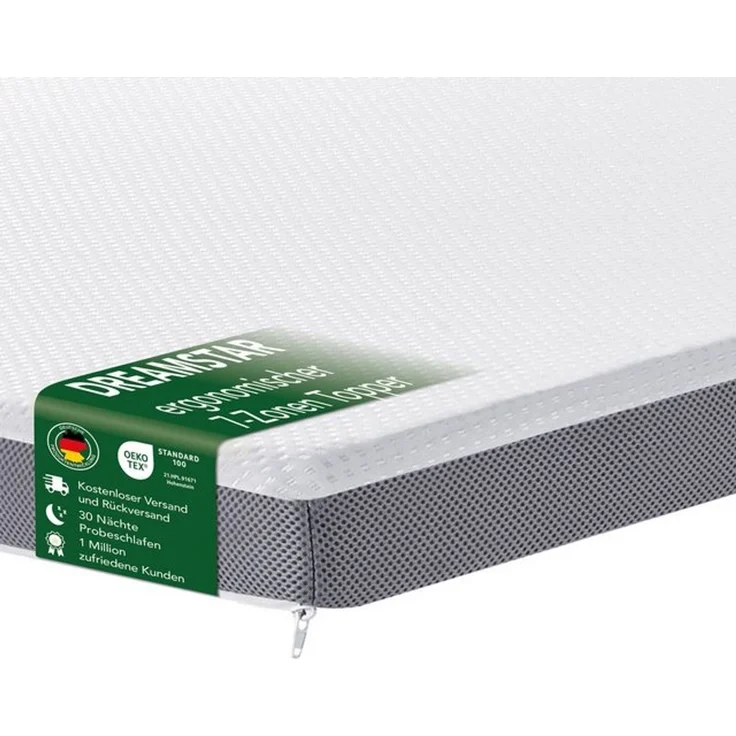 Dreamstar, Topper 7-Zonen Matratzentopper mit Gel-Memory- & Komfortschicht, H2/H3, 8 cm hoch, Komfortschaum, rutschfest, Bezug waschbar - für Matratzen und Boxspringbetten – Bild 4